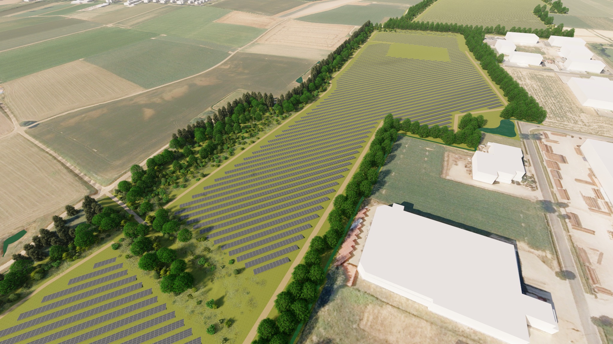 Vogelvluchtvisualisatie langs het zonnepark en de groene rand