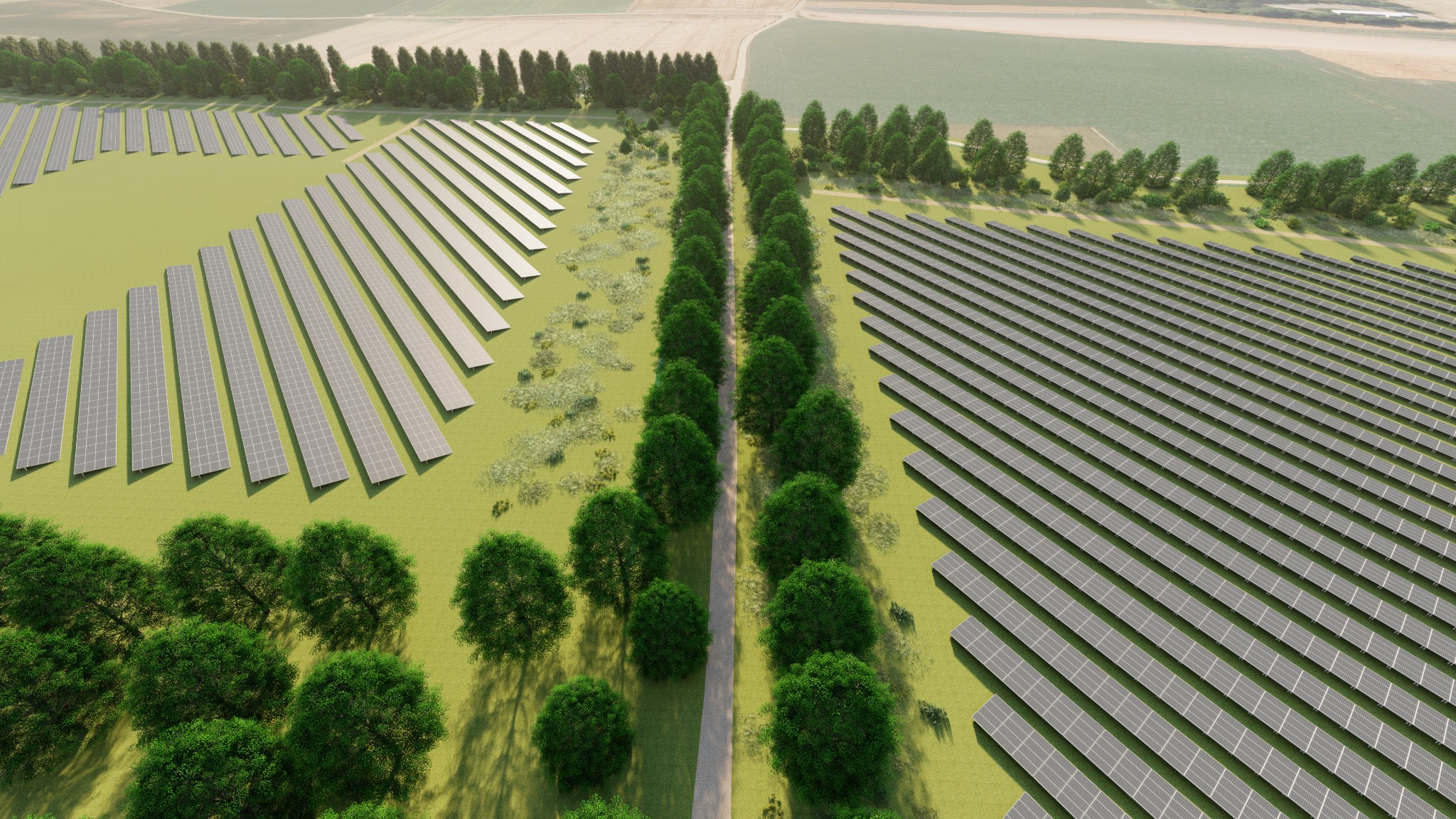 Visualisatie van de groene corridor tussen de zonnevelden