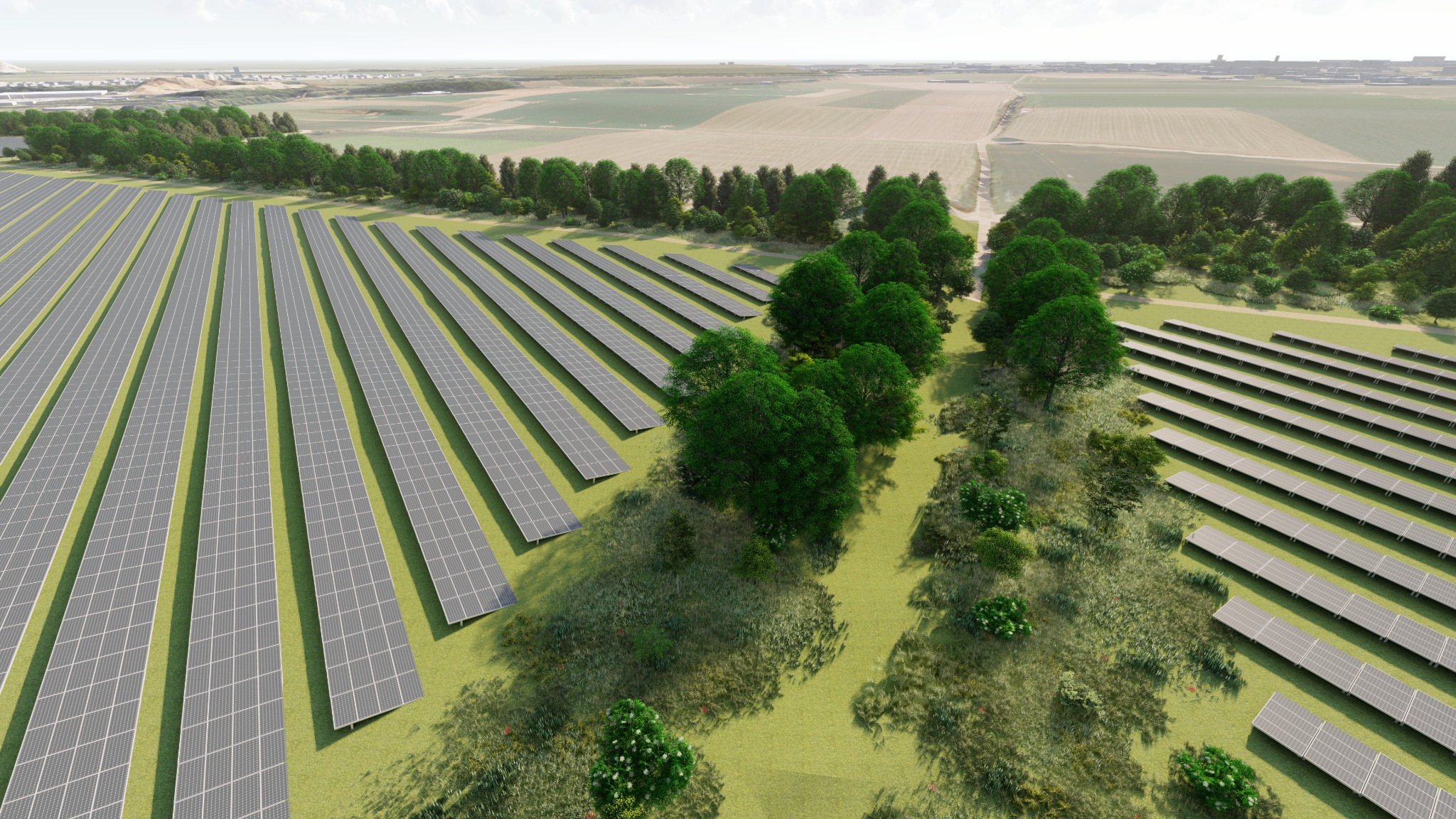 Visualisatie van zonnepanelen tussen bomen en bloemrijk grasland